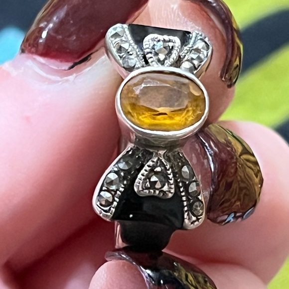 VTG Art Deco Style Citrine Onyx Marcasite Sterling Silver 925 Size 6 1/2 Ring - Picture 7 of 7
